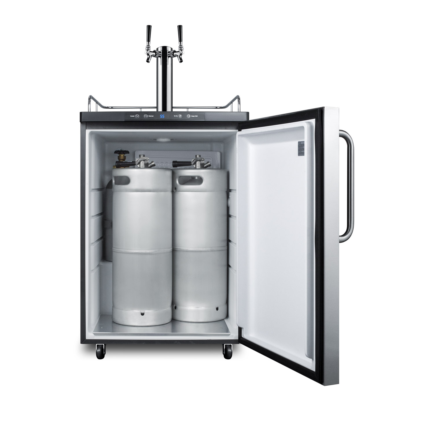 Freestanding residential beer dispenser, auto defrost with digital thermostat, stainless steel wrapped door, towel bar handle and black cabinet